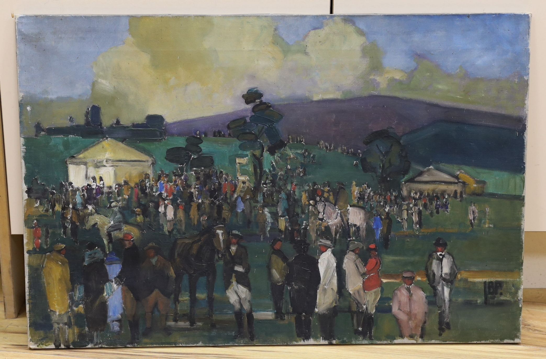 Attributed to Bertram Priestman (1868-1951), oil on canvas, Sketch of a race meeting, initialled, 51 x 76cm, unframed